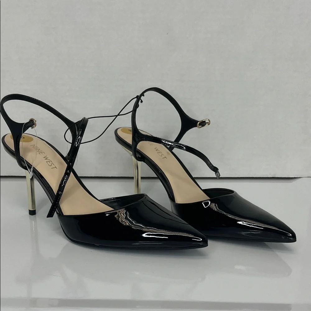 Nine West Glossy Black Heels with Gold Accents - Picture 1 of 8